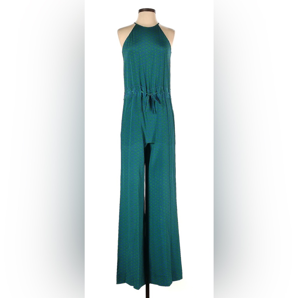 Diane von Furstenburg Palvin Blue and Green Print Silk Jumpsuit Size 4